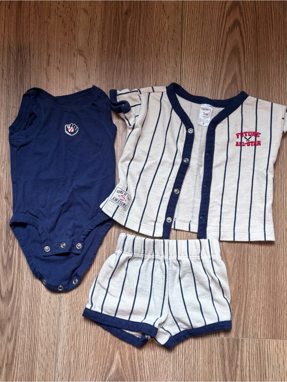3 outfits! Size 0-3 baseball, stripes, “happy cool kind” so cute!